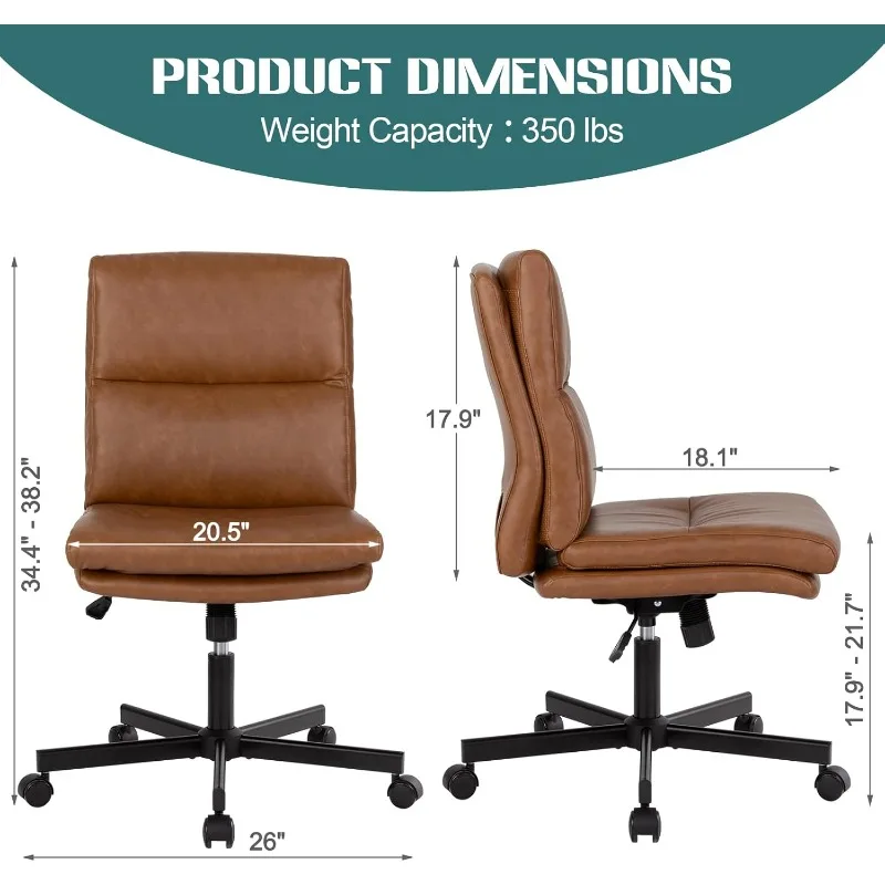 Armless Office Desk Chair With Wheels, Mid-Back Criss Cross Swivel Task Chair, Height Adjustable Cushioned Vanity Chair (Brown)