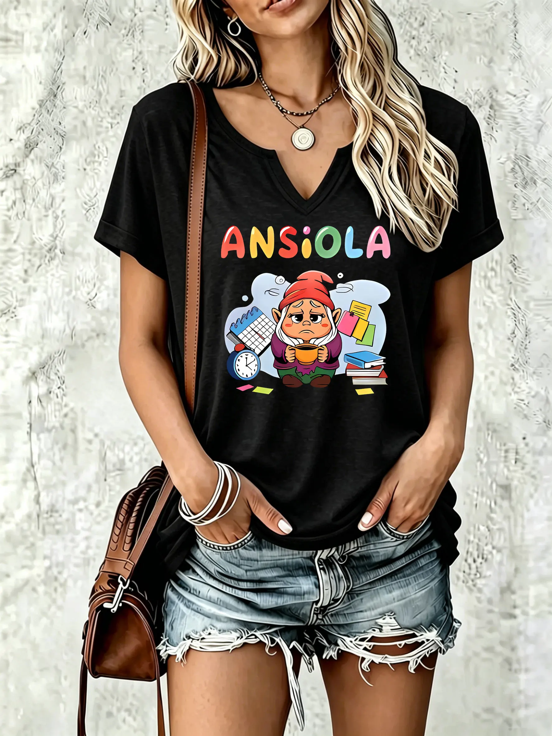 Women Summer V‑Neck Short Sleeve T‑Shirt,Funny Ansiola Gnome with Coffee Book Calendar Graphic Print Casual Daily Wear Tees Top