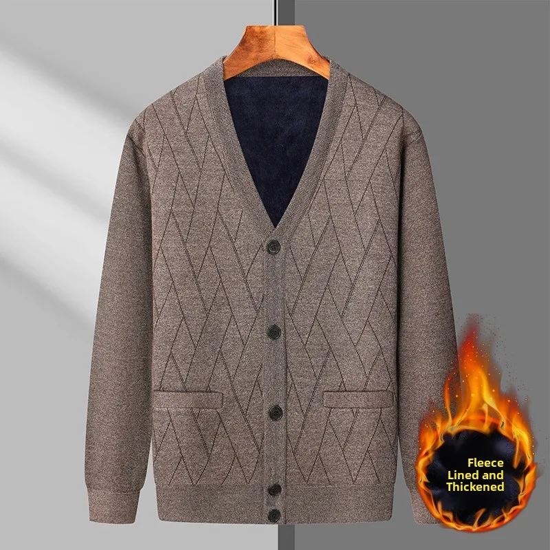 

Thiened Fce V-Ne Вязаный кардиган для папы Осень-зима Мужская верхняя одежда Теплый Ele Sle Long Sve Повседневная шерстяная одежда...