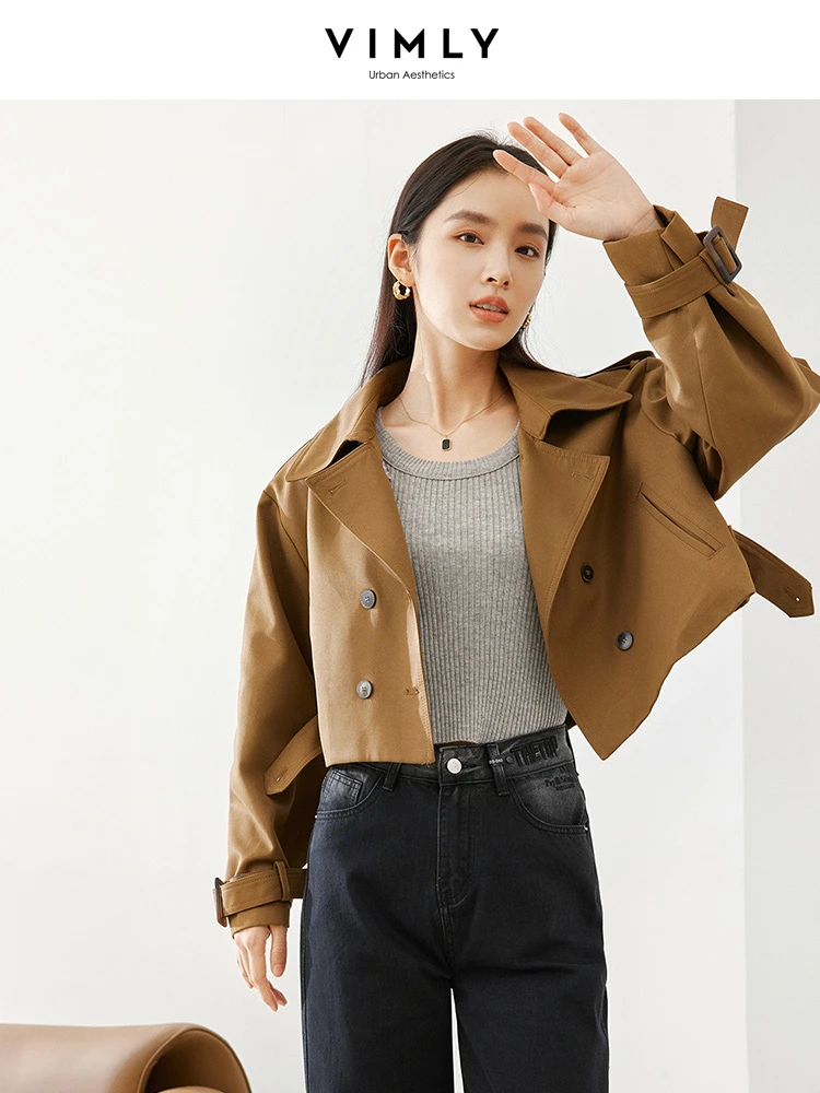 

Vimly Cropped Trench Coats Women 2023 Autumn Windbreaker Double Breasted Notched Collar Loose Long Sleeve Jacket Outerwear 16267