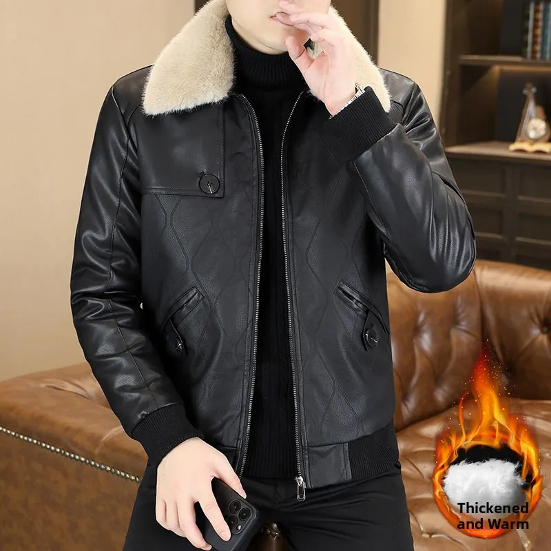 

2025 New PU Leather Jaet Men's Motorcycle Sle Winter Bla Cotton Enriched Faionable And Haome Windproof Long Sve