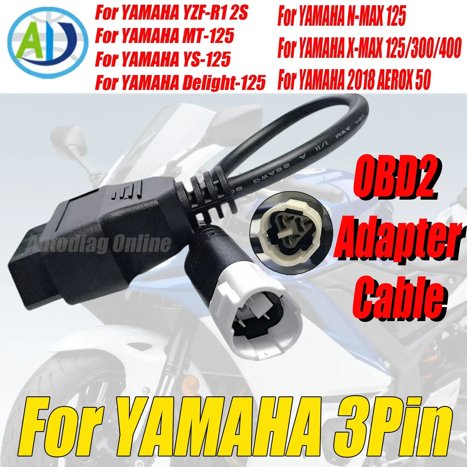 Para Yamaha Cable de diagnóstico OBD2 de 3 pines para YZF-R1 2S,MT-125,YS-125,Delight-125,N-MAX 125,X-MAX 125/300/400 Cable de motocicletas OBD