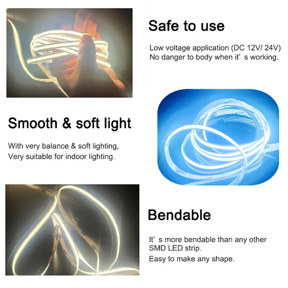 Светодиодная лента COB Ультратонкая лента 12 В 24 В 8 мм с вилкой постоянного тока/2 контакта провод с регулируемой яркостью Линейное освещение Украшение лампы высокой плотности