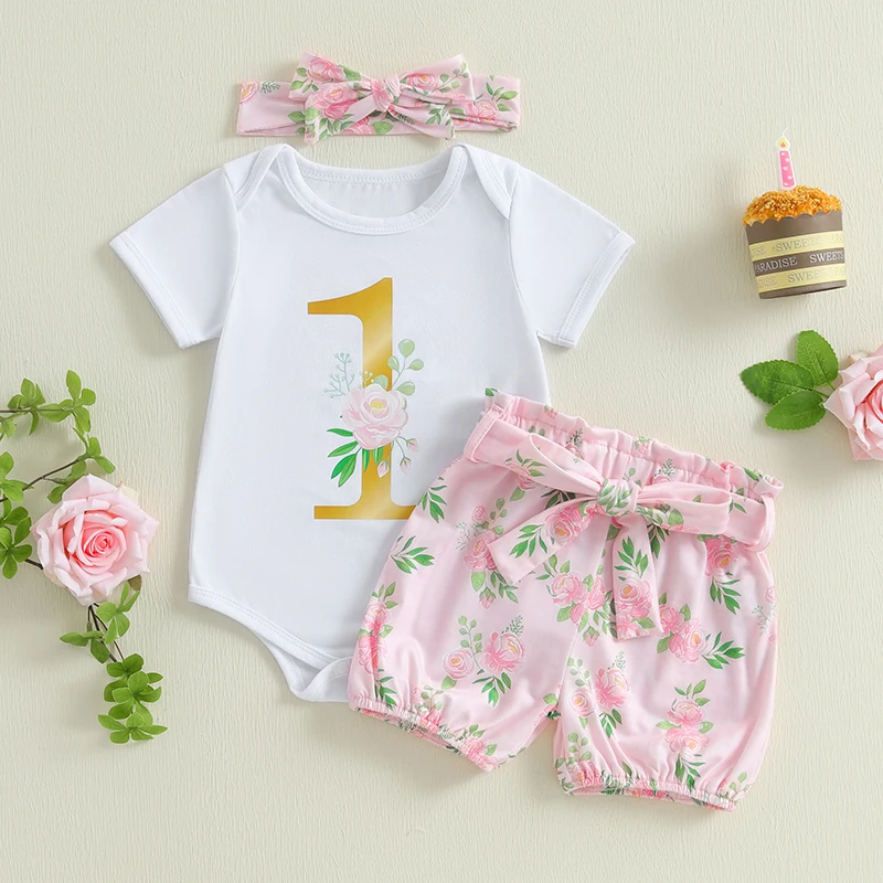 Summer Newborn Baby Girls 1st Birthday Outfits Number Short Sleeve Romper with Floral Print Belted Shorts and Bow Headband
