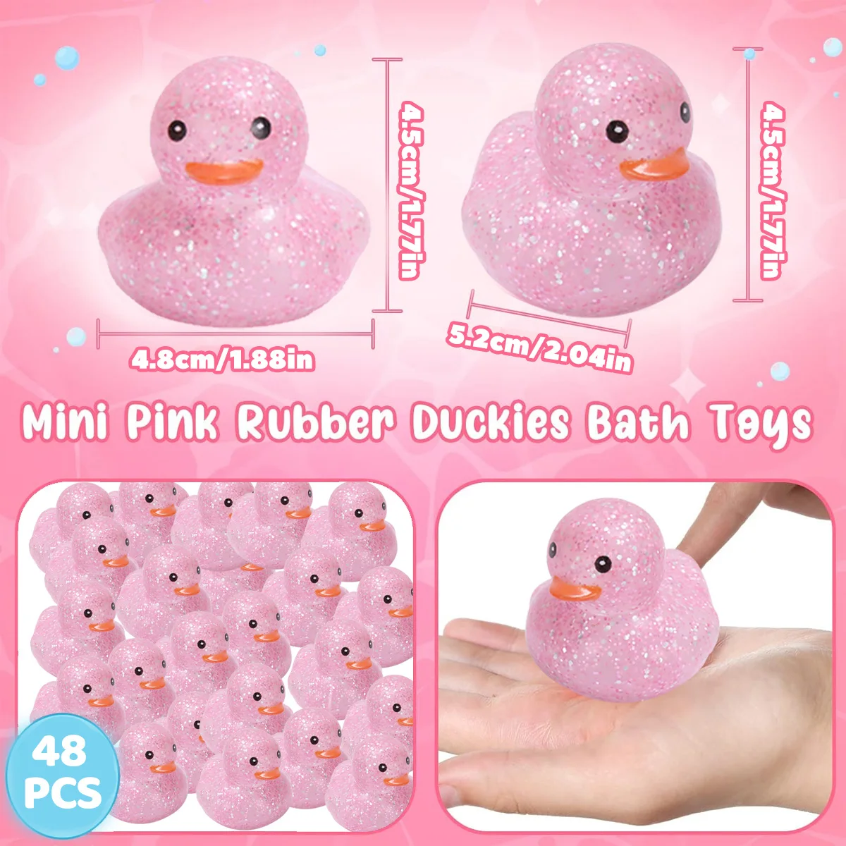 48Pcs Pink Glitter Rubber Duckies Assorted Squeaky Ducks Car Ornaments Duck for Car Dashboard Decoration Computer Monitor Decor