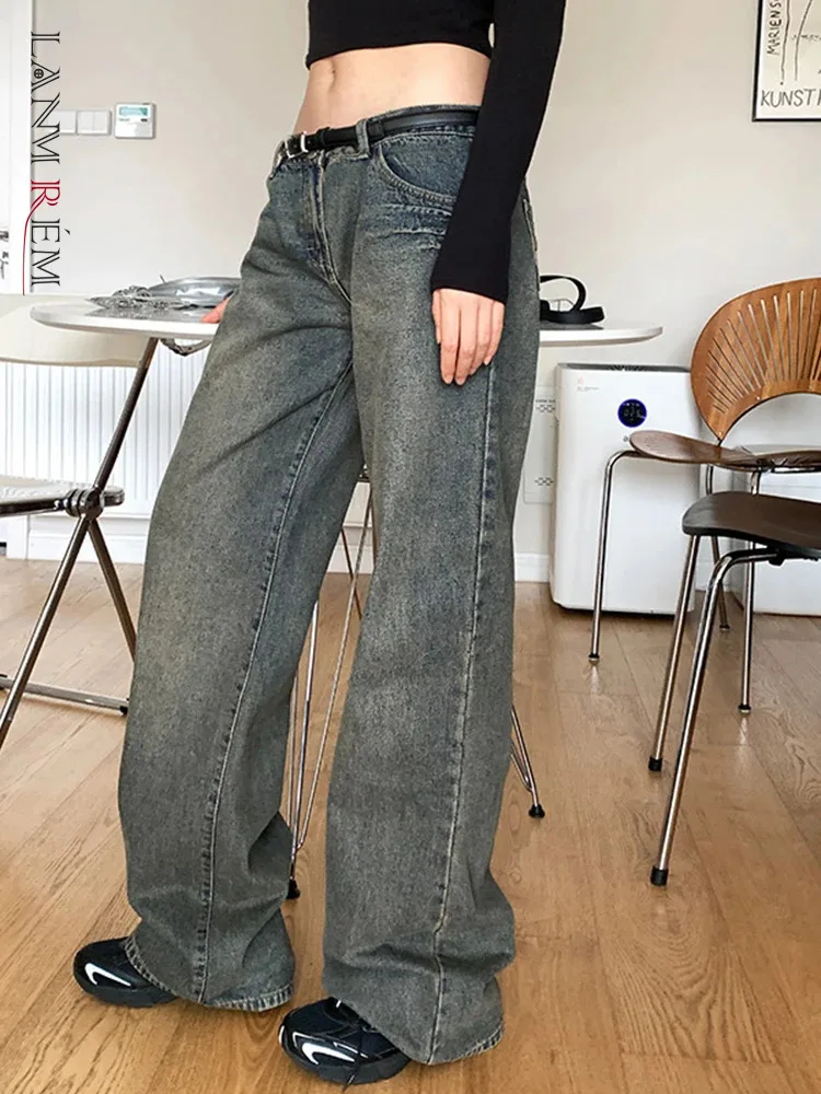 

[LANMREM] Streetwear Washed Jeans For Women Low-waisted Straight Denim Pants Tide Female Trousers Fashion 2025 Spring New CP3491