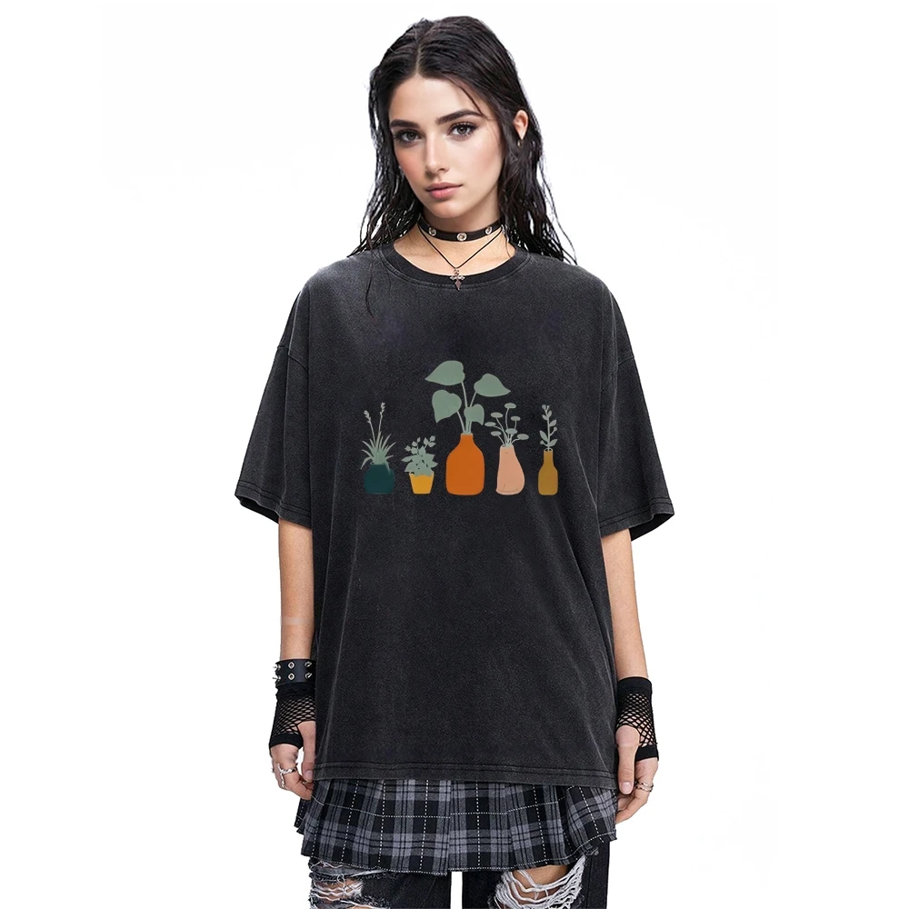 เสื้อยืดลายต้นไม้ในกระถาง ผ้าวินเทจ ล้างน่ารัก ฤดูร้อน ลำลอง หลวม แขนสั้น ผ่อนคลาย กราฟิก หวาน สบาย เสื้อ