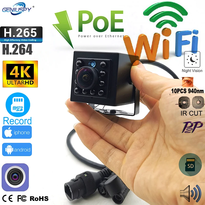 

Camhi 4k IR Mini Wifi Camera 8Mp POE Ip Cameras Cctv Security H.265 Indoor Audio Video Surveillance 940nm IR Led For Birdcage