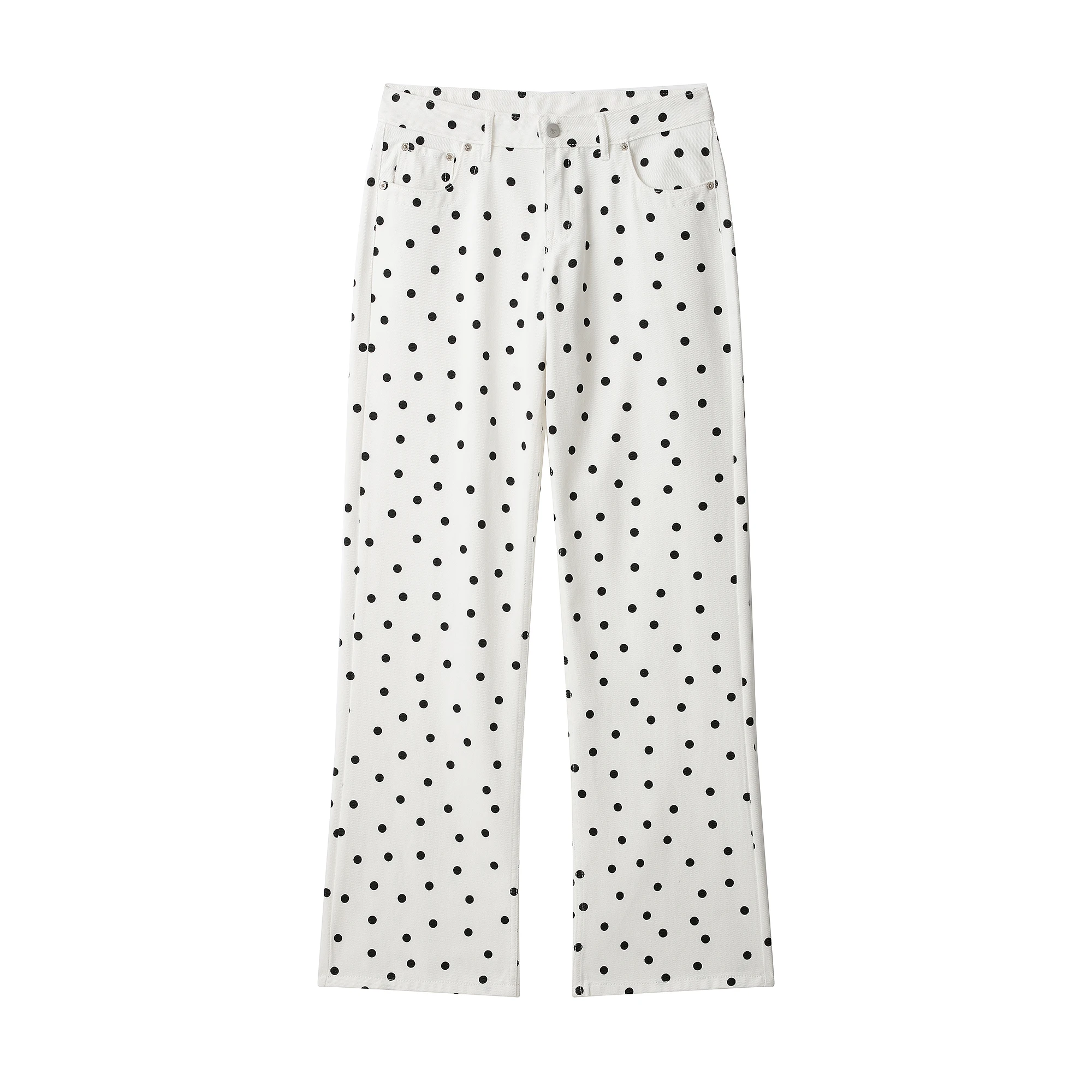 

2026 Autumn Women's Elegant Low Waist Wide Leg Polka Dot White Denim Jeans Pants Lady Vintage Polyester Zipper Street Trousers
