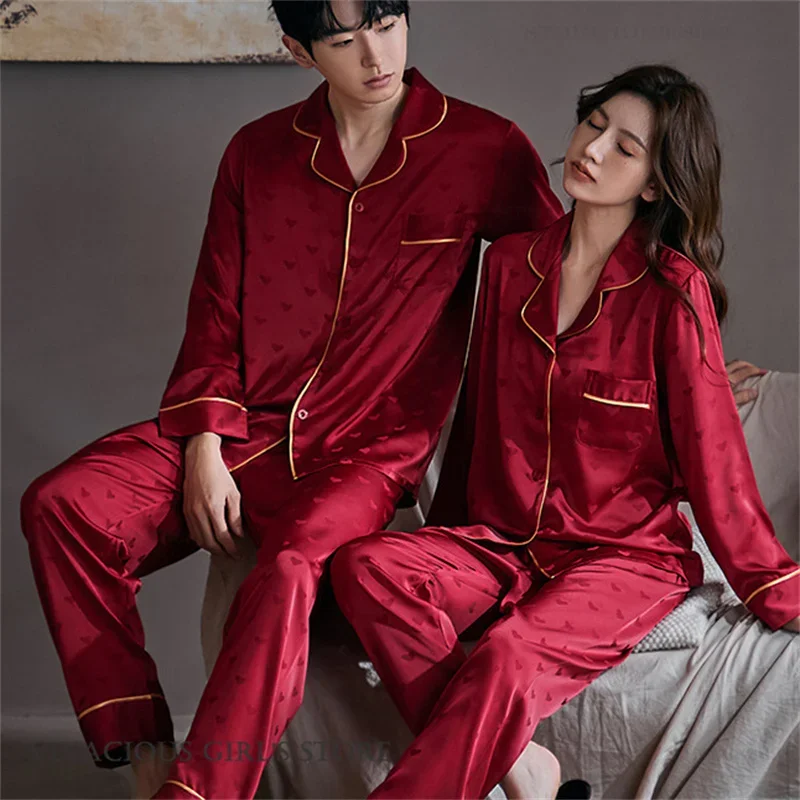 Liebhaber Pyjamas Set Frühling Herbst Neue Langarm Hosen Pijamas Anzug Lose Beiläufige Seide Satin Paar Hause Kleidung Loungewear