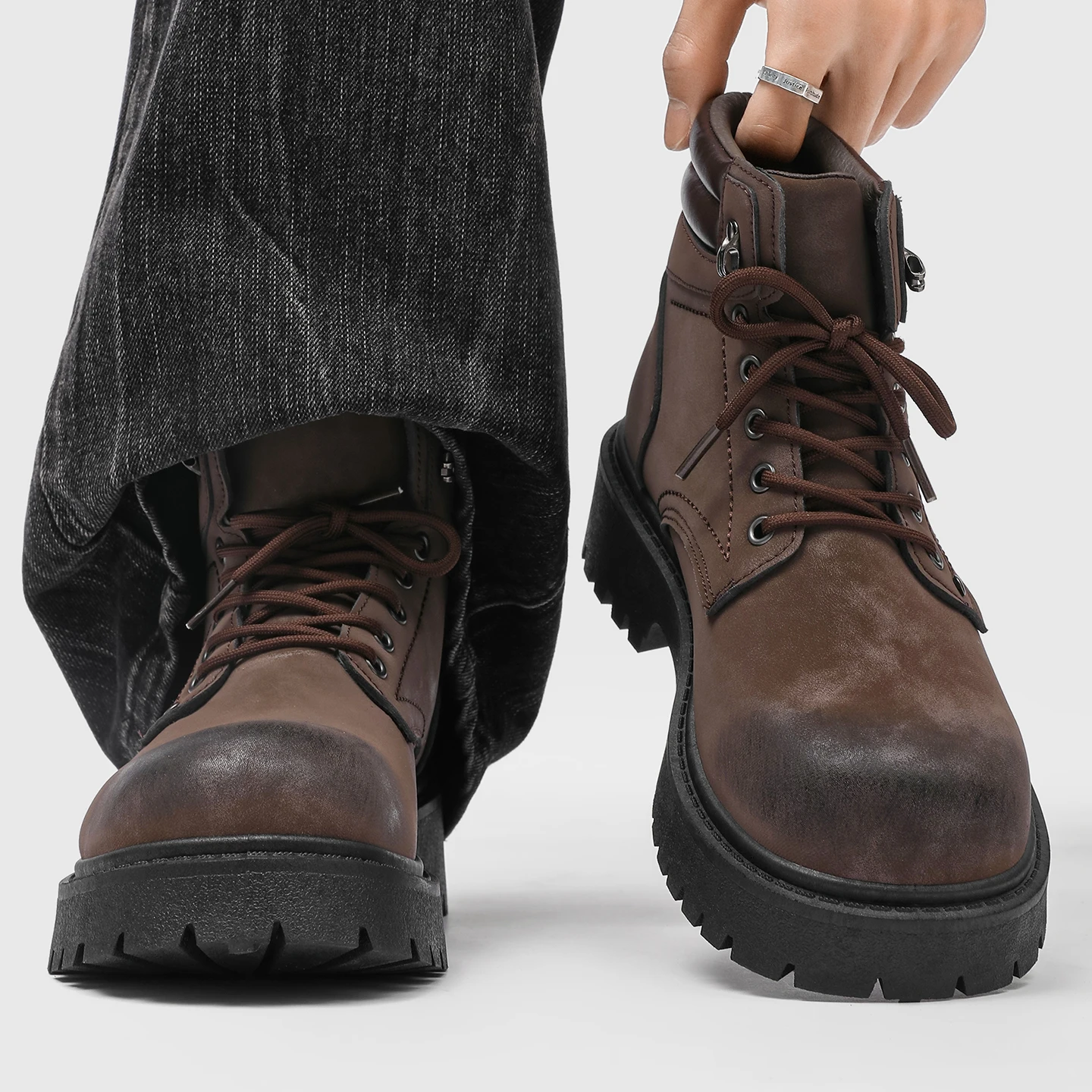 

Fall Winter Men's Plus Size Round Toe Derby Boots - Retro Thick Sole High-Top Work Boots Fleece Lined Warm Cotton Boots