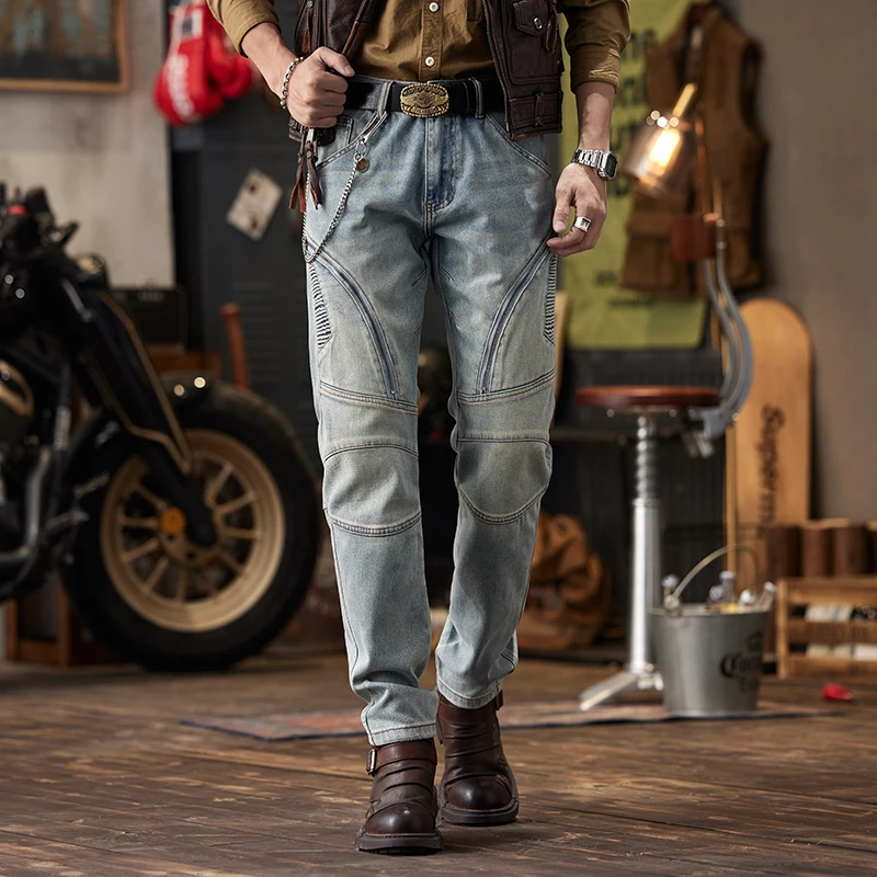 Celana jins Retro pria sepeda motor, celana jins Retro pria, celana skinny ketat, Busana ketat kelas atas, jahitan kerajinan keren