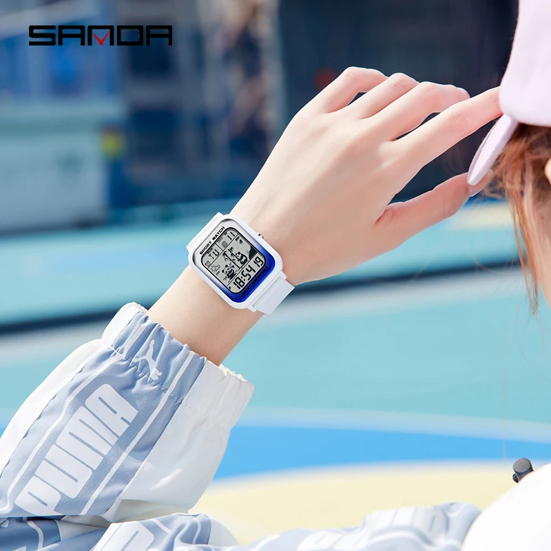 SANDA Panda Pattern Square Gradient Clock Electronic Men\'s Watch Sports Casual Outdoor Waterproof Trend Unisex Wristwatch 6120