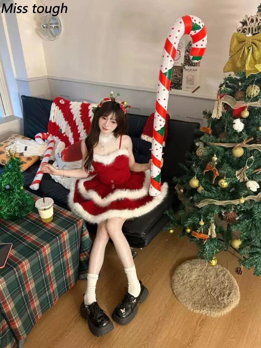 Merry Christmas Japanese Gothic Lolita Women 2 Pieces Set Fur Cloak Coat + Slim Fit Thicken Dress Harajuku Party Vintage Outfits - view 4