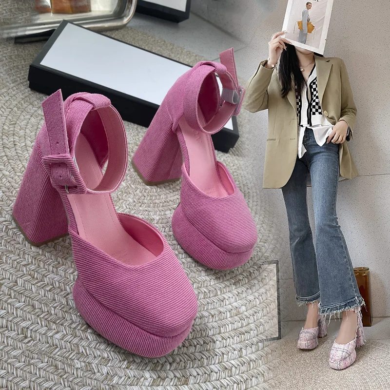 24 New Summer Square Head Mary Jane Platform Thick Heel Sandals Women\'s Fashion Hollow Headband High Heel Single Shoes