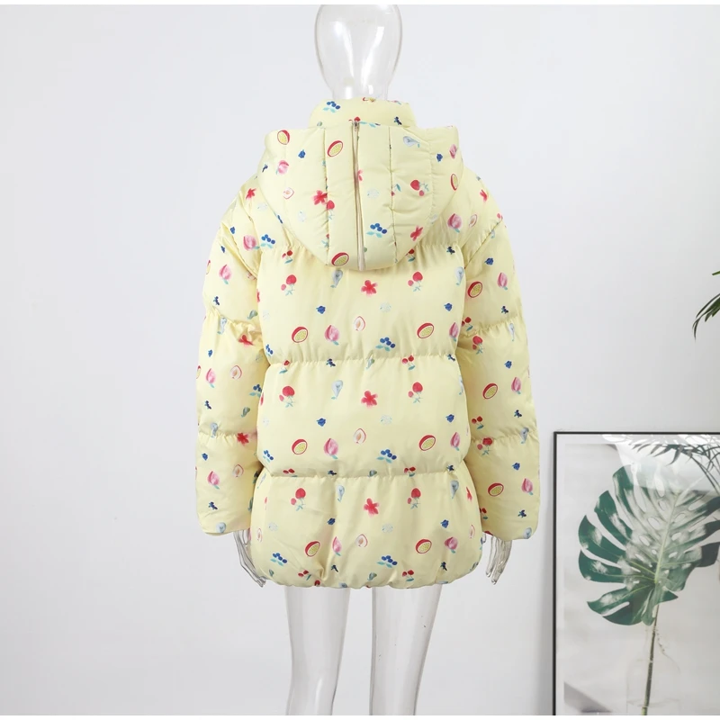 Women's Floral Print Hooded Puffer Jacket with Bow Decor Cute Oversized Winter Warm Coat Loose Casual Feminine Outerwear Fashion