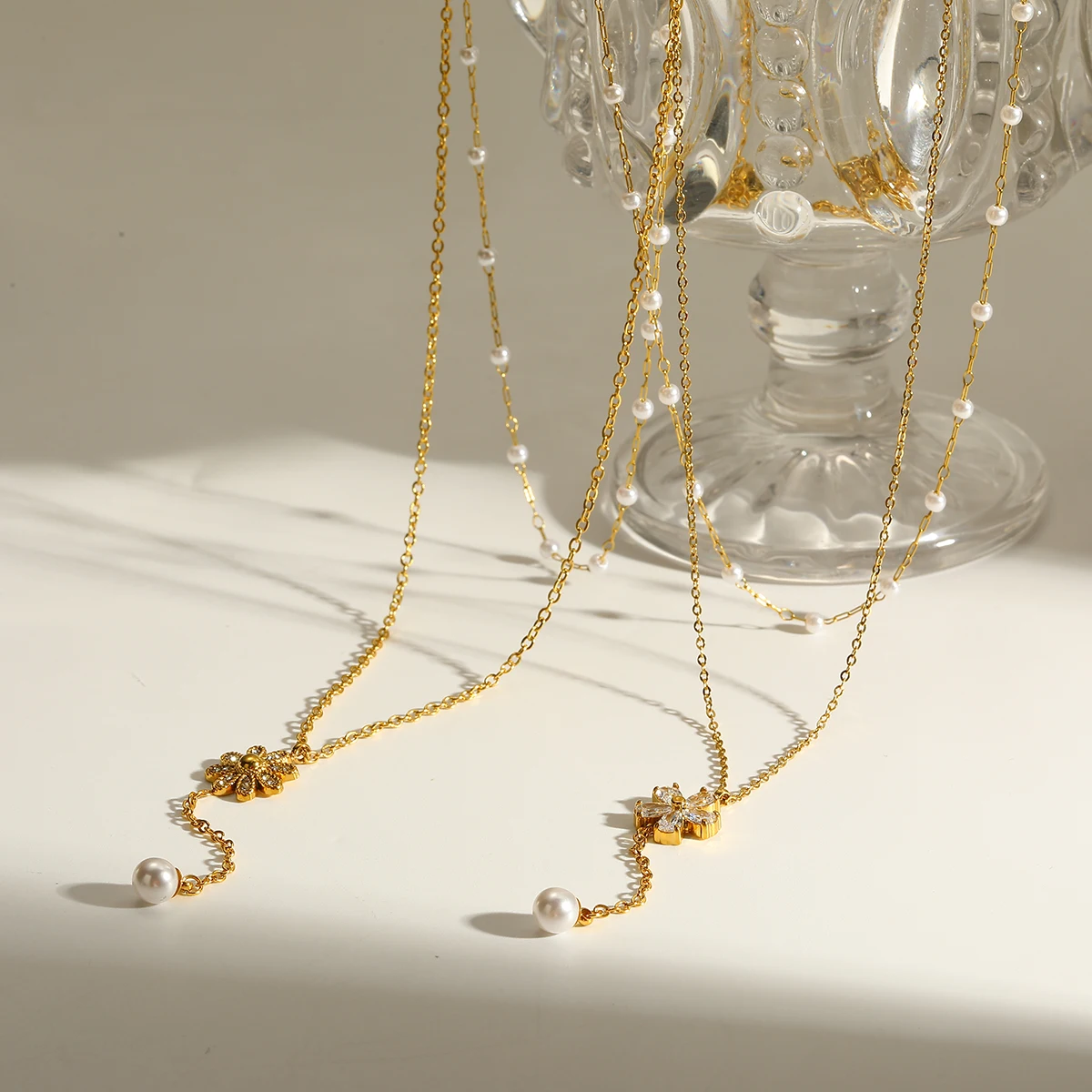 

Exquisite Imitation Pearl Zircon Necklace for Women Stainless Steel Double Layer Y Chain Pendant Necklaces Jewelry Birthday Gift