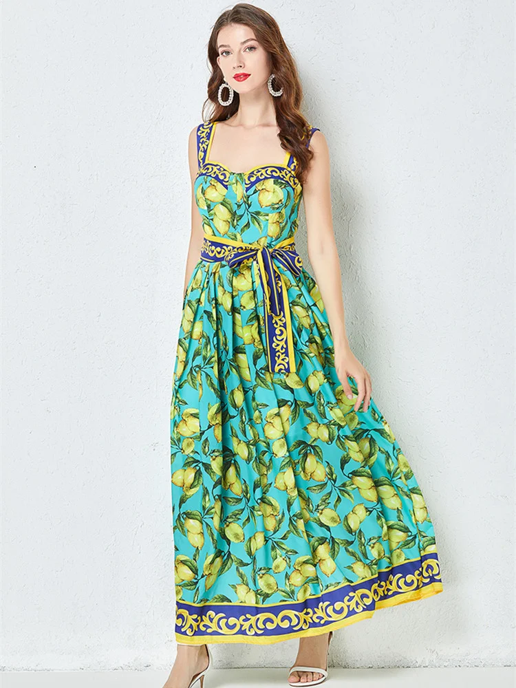 Runway Fashion Maxi Dress Summer Bohemian Spaghetti Strap Lemon Print Sundress Cup Padded Belted Elegant Backless Long Vestidos