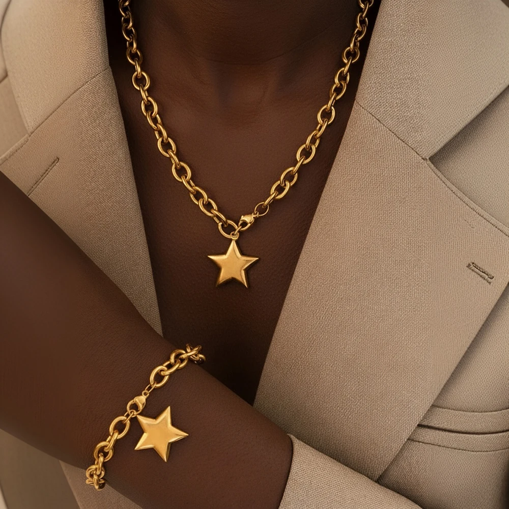 2Pack Bold Link Star Jewelry Set,Oversized Star Charm Necklace&Bracelet,Vintage Casual for Women,Party Daily&Festive Gifting