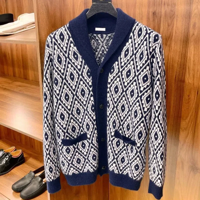 24AW K New Cashmere Blend Yarn Vintage Diamond Jacquard Pattern Cardigan Padding Men's Jackets Jacket Men Mens Clothing