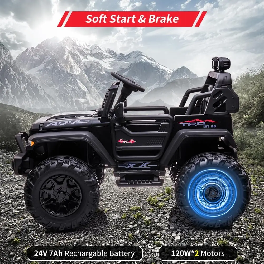 2人乗り子供用電動トラック、リモコン付き、24V 9Ah、20インチ大型シート、15.5インチホイール、LEDライトと音楽付き電動乗用車