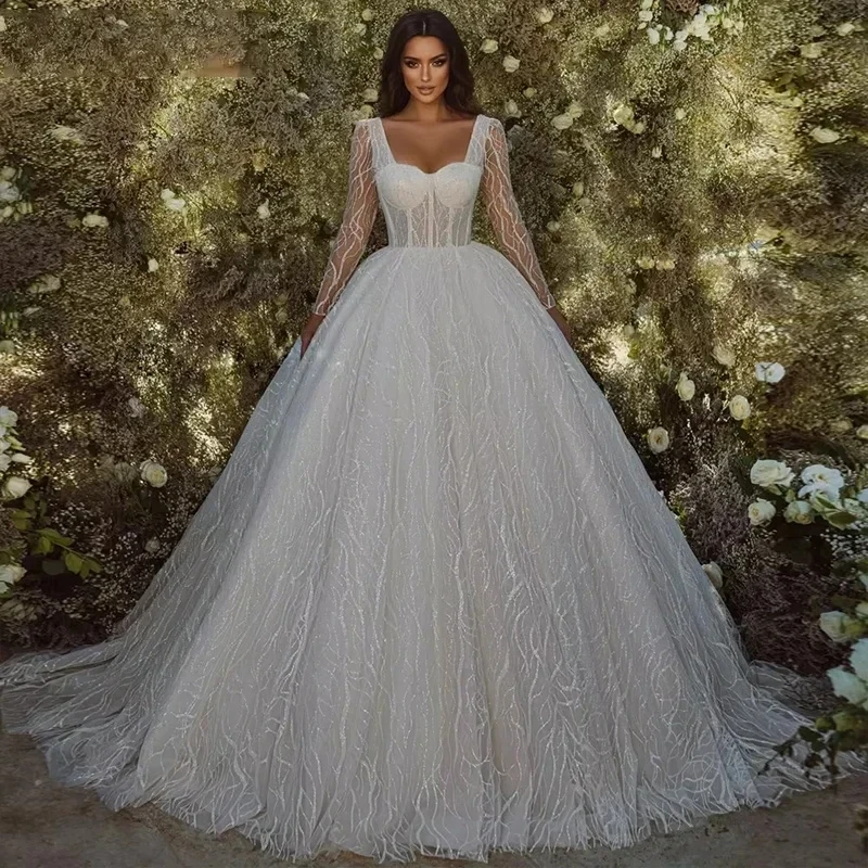 

2025 Glitter Lace Wedding Dress Sweetheart Long Sleeve Glitter A-line Bridal Bride Formal Gowns Vestidos De Noiva Robe Mariage