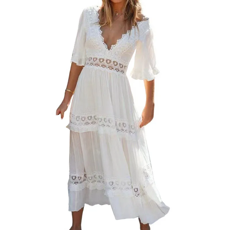 Women Fashion Lace Backless Dress Stylish Ruffle Sleeve Vacation Dress Beach Wear