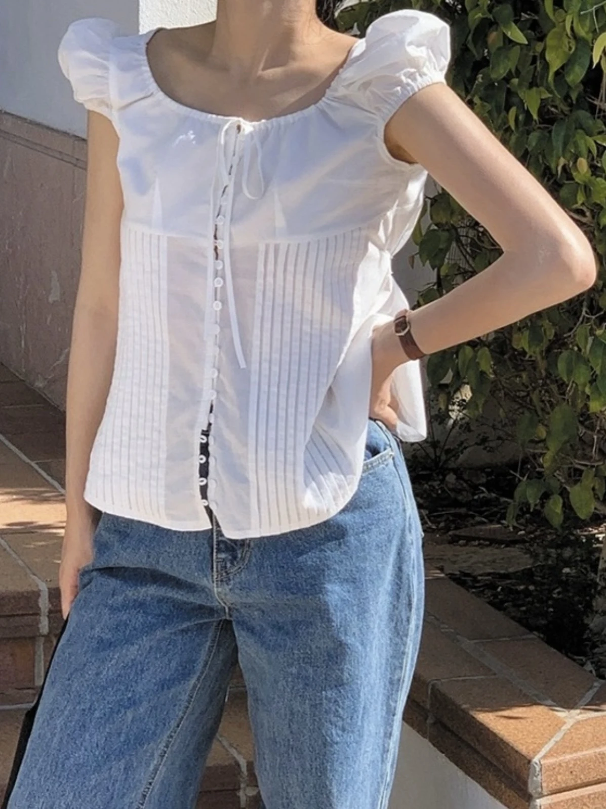

Candy Miss without Summer Bubble Sleeve Simple Belt Elegant Design Sense Women's Shirt Commute Style Short Sleeve Square Collar