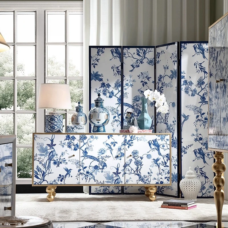 

Chinese style dining side entrance cabinet Chinese blue and white porcelain screen decoration home American solid wood storage