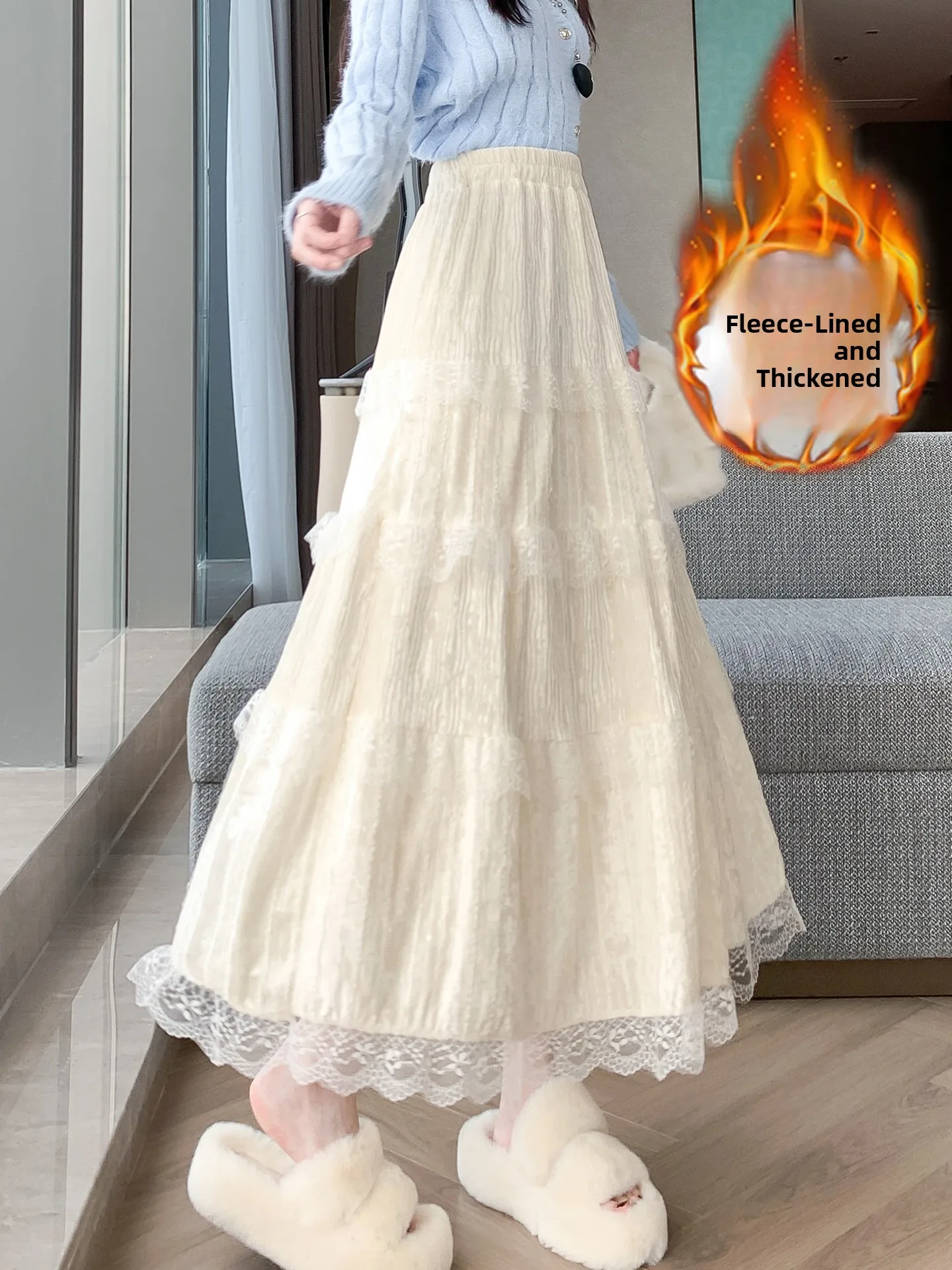 Süßer Spitzen-Splicing Cake Sle Fce-gefütterter Thi-A-Linien-Maxirock mit hoher Taille für Damen, lässige koreanische Version, nicht sinkbar