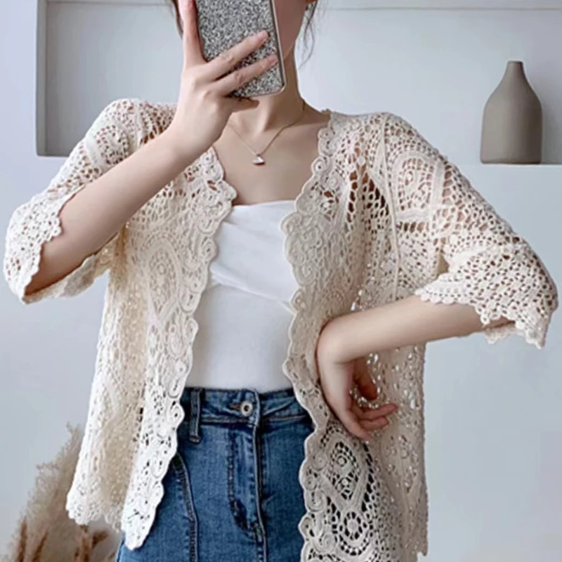 Women Knitted Lace Shrug Boho Hollow Crochet Floral 3/4 Sleeves Open Front Cropped Cardigan Elegant Mesh Sweater Coveup