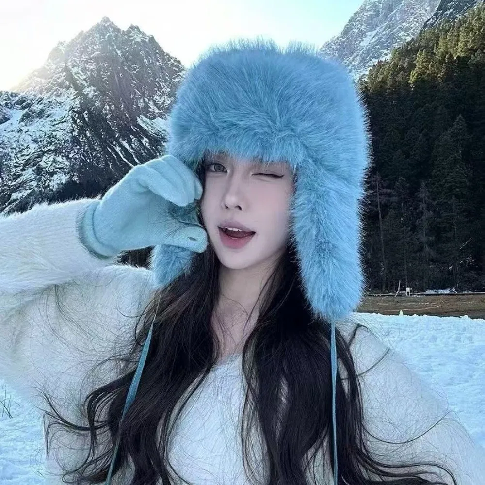 Stylish Imitation Mink Fur Bomber Hat Warm Fluffy Ear Protection Pilot Hat Cold Weather Hat for Women