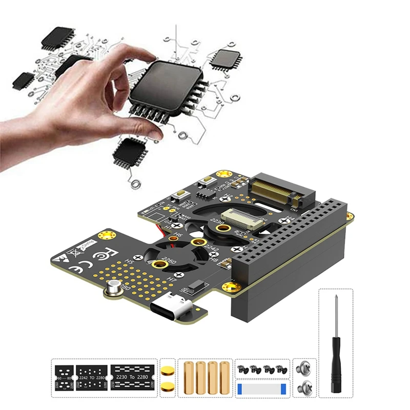 Untuk Raspberry Pi 5 Pcie To M.2 Nvme SSD HAT 3In1 dengan Dual Fan Gen2 Gen3 untuk 2230 2242 2260 2280 M.2 m-key Nvme SSD