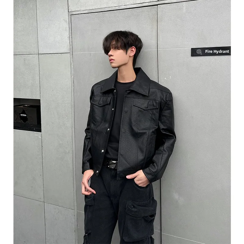 

Bla Leather Jaet Men's Spring Autumn High Sensation Cool PU Biker Jaet American Vintage Sle Casual Loose Fit Teenagers