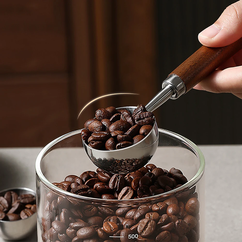 1PCS Stainless Steel Coffee Bean Scoop Wooden Handle 30ml Measuring Spoon Ergonomic Grip Durable Rustproof Tool