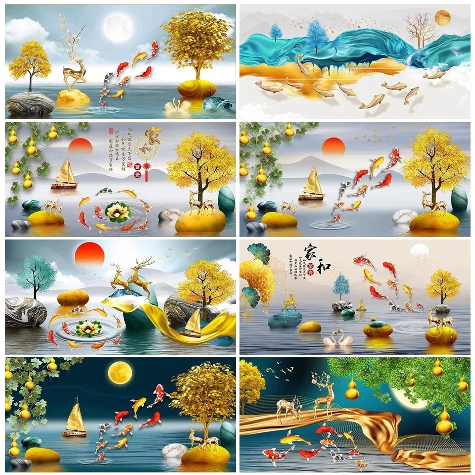 5D DIY Diamond Painting Fortune Tree Full Large Diamond Embroidery Feng Shui Gold Nine Koi Deer Wall Art Diamond Mosaic Home Art