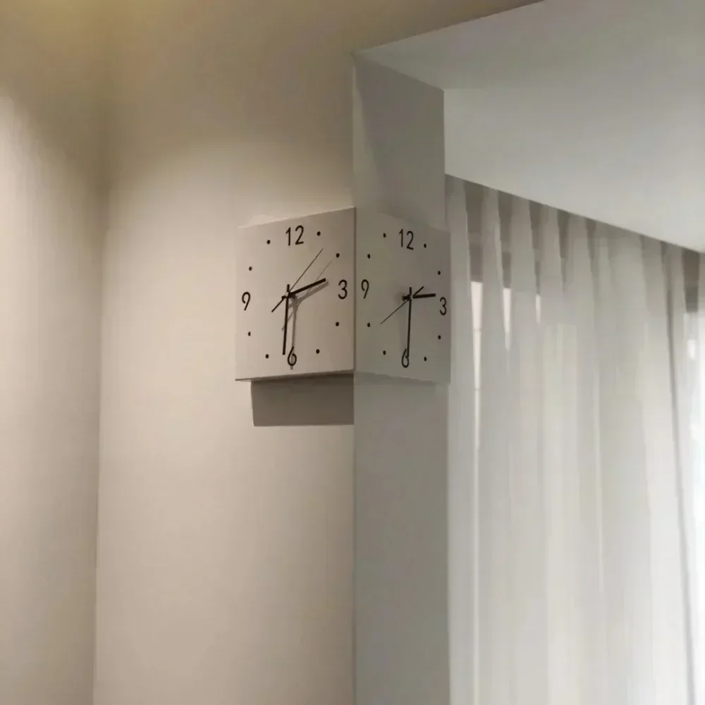 Inductive luminous corner clock, square living room, double-sided clock, iron digital hollowed out double-sided wall clock