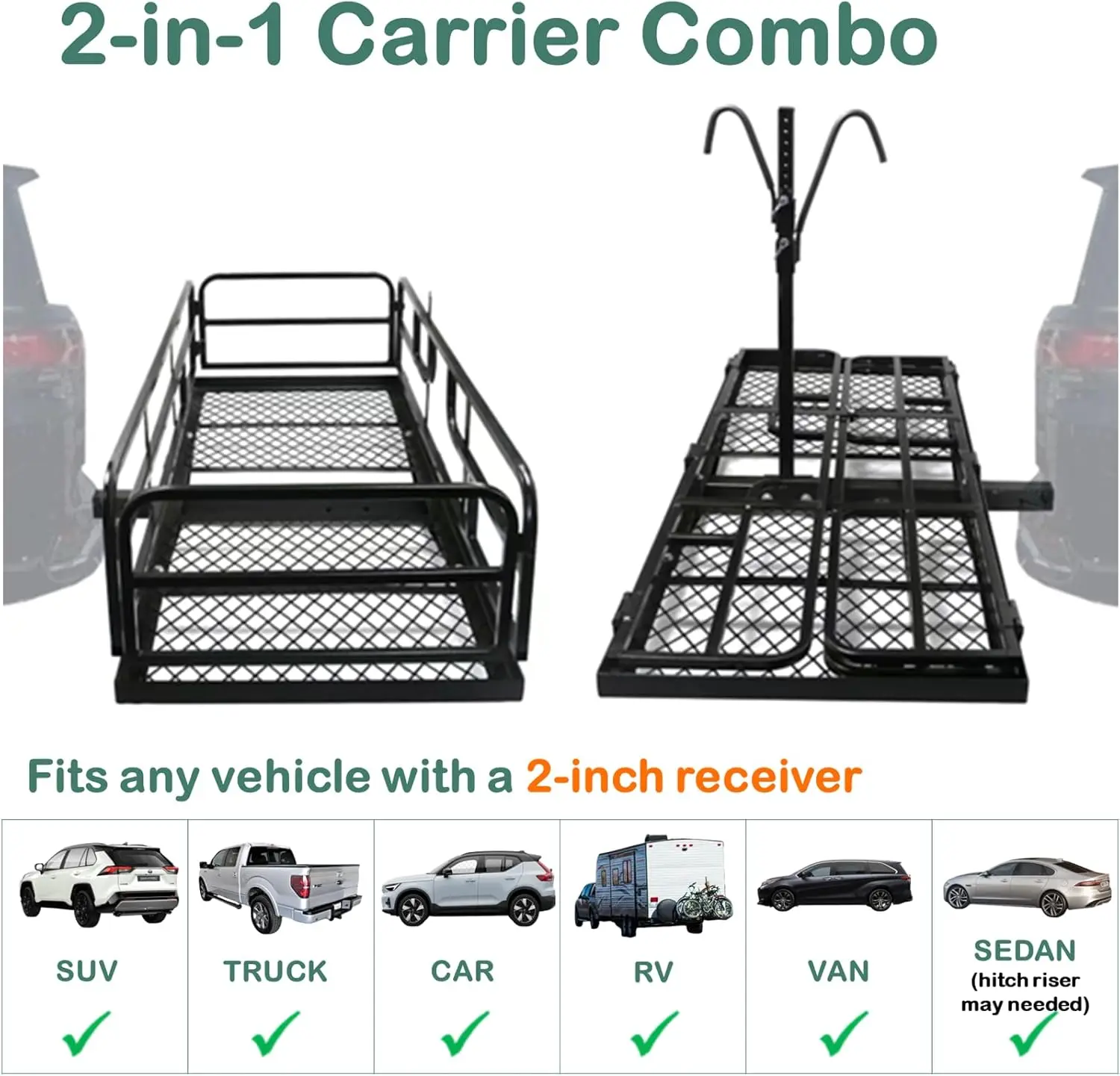 Hitch Mount Cargo Carrier Basket - Comes with Bike Rack Fits 2 Ebike Fat-Tire Electric Bicycle with Folding Heavy Duty Trailer 5