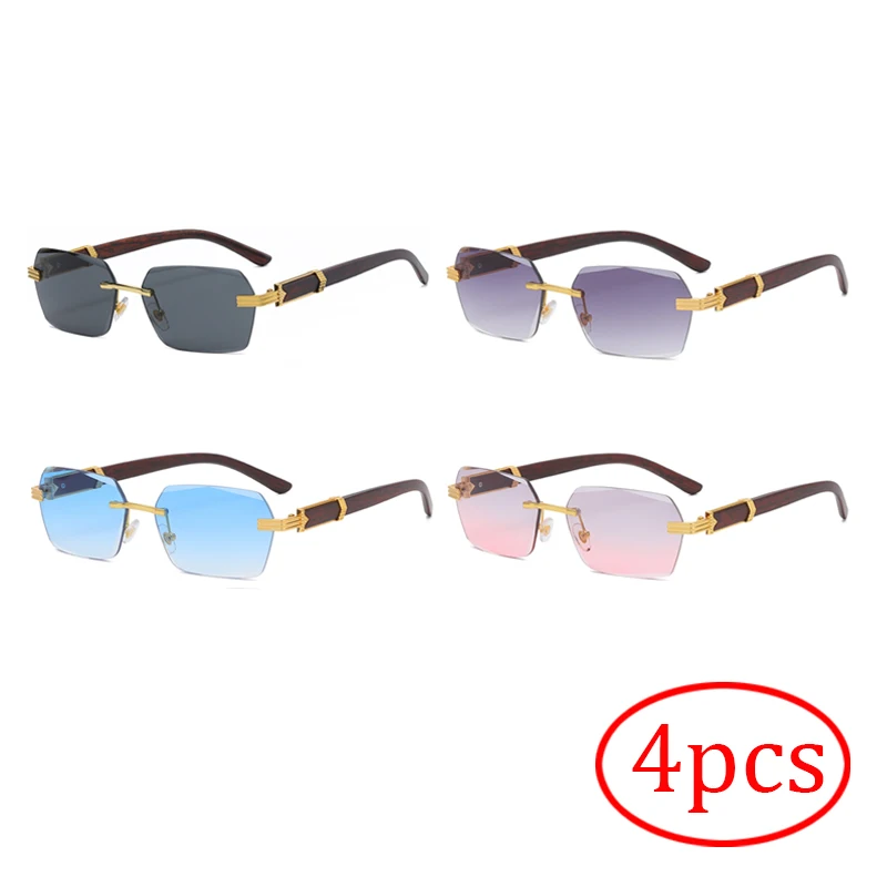

4pcs Fashion Sunglasses Women Retro Rectangular Frameless Metal Men Color Lens Street Sun Glasses UV400