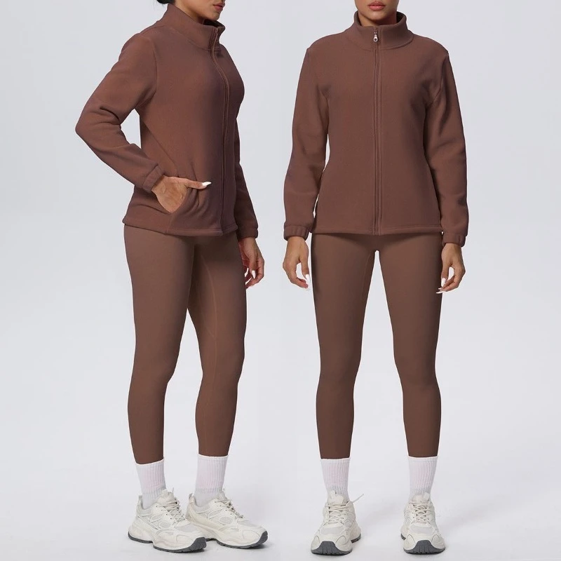 

Новый женский костюм для йоги с однотонным бархатным воротником-стойкой, куртка на молнии, длинные брюки, спортивный костюм, костюм для фитнеса на открытом воздухе