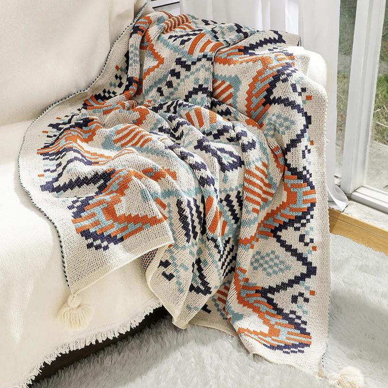 Bohemian sofa blanket bay window blanket knitted blanket ethnic wind wave air conditioner fringed nap