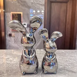 Silver Rabbit Statue Desk Accessories Bedroom Home Decoration Luxury for Living Room Decorative Figurines for Interior