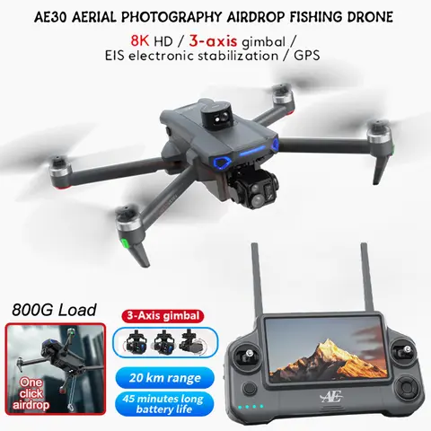 AE30 Professional Drone With 8K Camera GPS 3-Axis Gimbal 20KM Obstacle Avoidance Touch Screen FPV Brushless Fishing RC Dron Toys