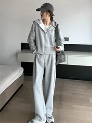 Gray Autumn Sporty Woman Tracksuit Zipper Hoodie And Loose Wide Leg Pant Sets Loose Sweatshirt Fashion Casual Winter 2 Piece Set