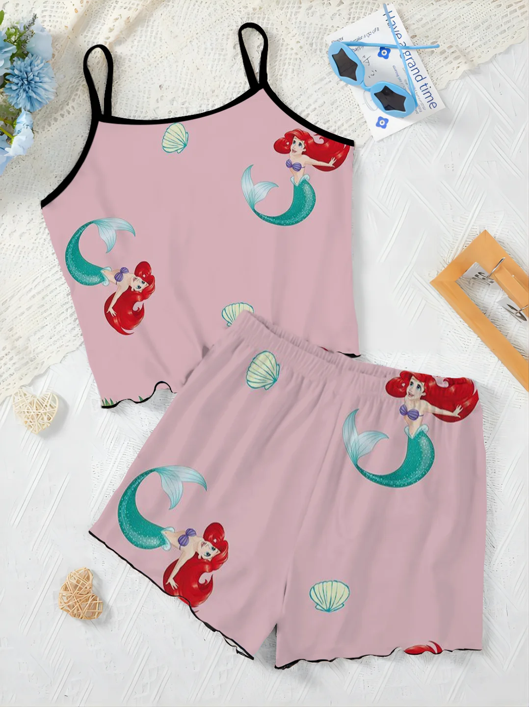 Abito da donna a sirena Set corto Top lattuga Trim Slip Dress t-shirt Disney New Two Piece Set pigiama gonna pezzi pantaloni eleganti