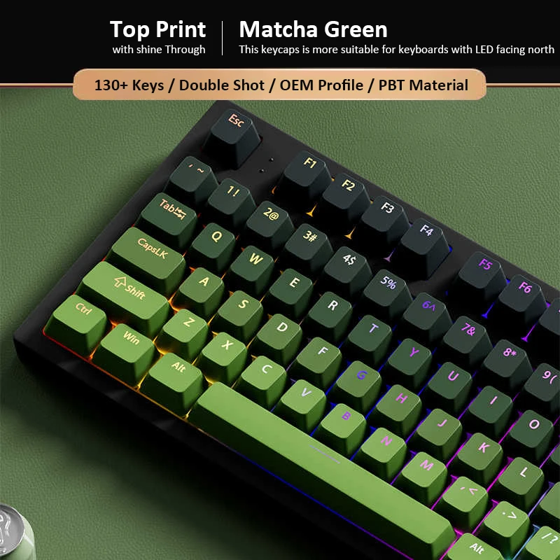 Clavier de jeu PBT double injection, vert matcha, brillant, touches de clavier, profil OEM, aucun commutateur MX, 130 prédire