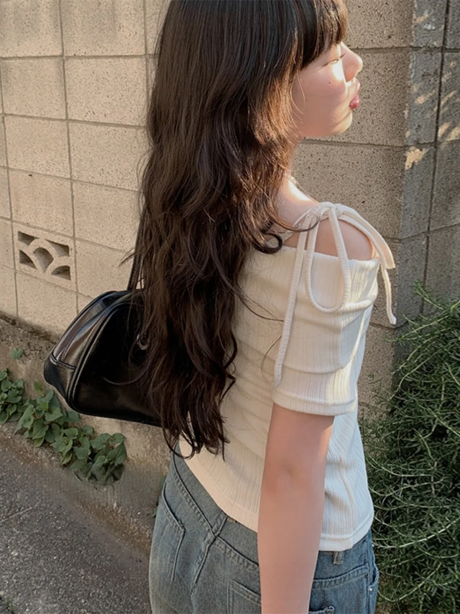 تي شيرت كوري Sle Sweet Girl ort Sve تي شيرت على الكتف وربطة عنق نسائية صيفية فضفاضة تناسب الطول العادي irt