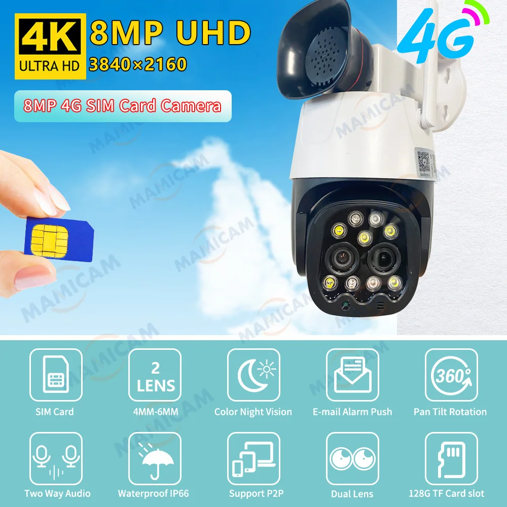 IP Camera Wifi/4G Sim Card Outdoor PTZ 8MP HD Dual Lens 3.6mm-8mm Security CCTV Cam AI Human Tracking Color Night Vision Camhi