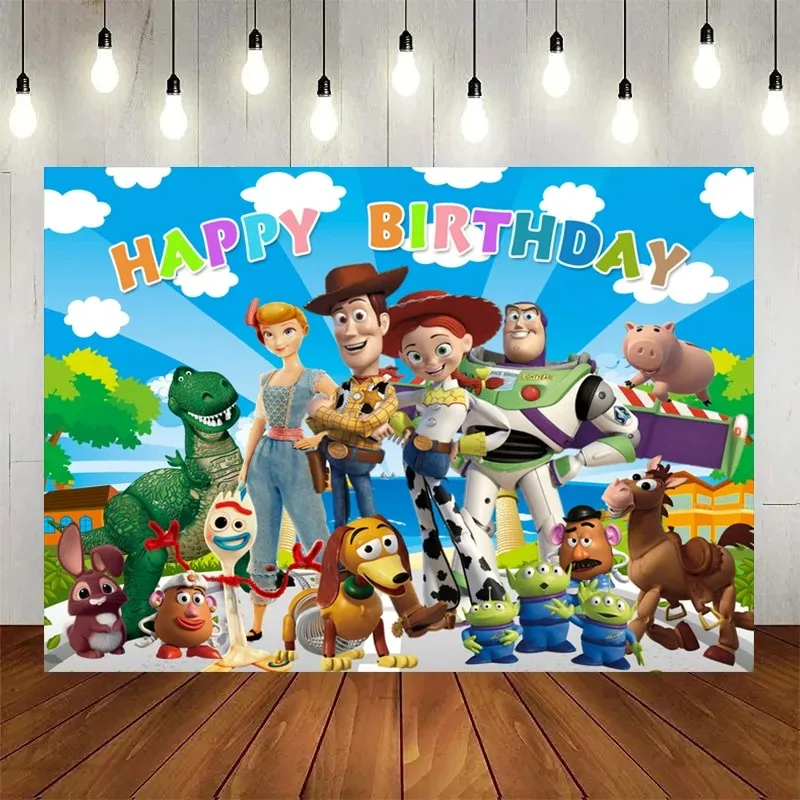 Toy Story Fondali fotografici per bambini Puntelli Decorazione per feste di compleanno per ragazzi Primo compleanno Decorazione per sfondo fotografico per cartoni animati