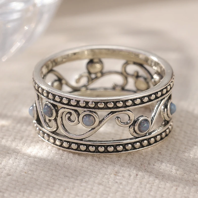 Vintage Silberfarbener Ring mit Imitiertem Opal für Damen, Geometrisches Hohldesign für Alltag und Partys – Detail 2